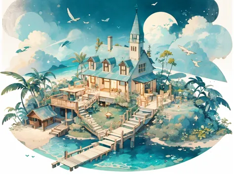 (((masterpiece))),best quality, whitetown, Deserted Island, small island, small house, resort
