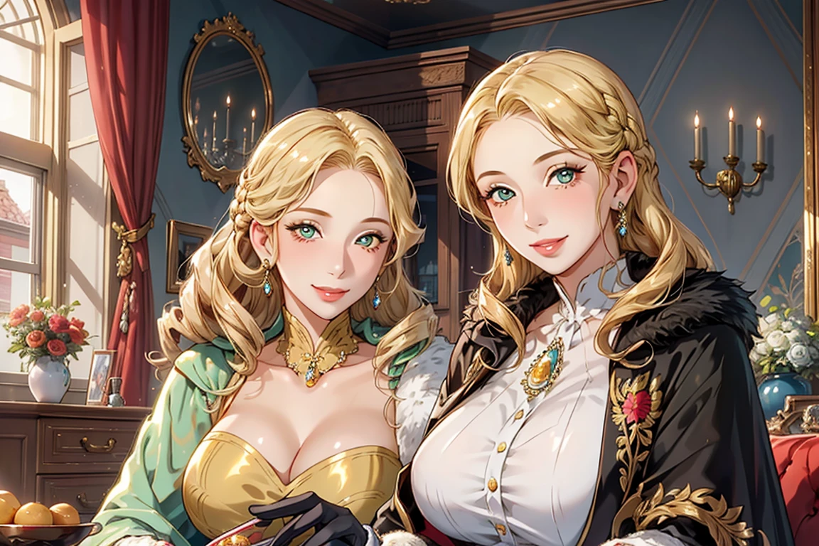 (2girls aligned:1.2), (realistic:0.5), (mother and daughter), smile, jewel, gorgeous, splendid, luxurious, golden,(aristocrat:1.1), blonde drill hair, embroidery, cape, vail, tremendously shiny dress and gloves, beautiful eyes, detailed pupils, perfect face, (face focus:1.2), wallpaper,( looking at viewer:1.1), official sitting on coach, indoors