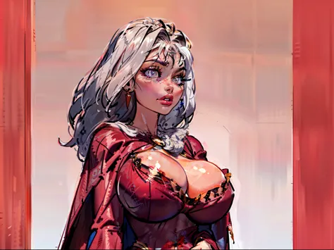 ((masterpiece)),(((best quality))), (white skin:1.4), ((mother Gothel)), (long red dress), (red cape:1.5), (gigantic breasts), ((detailed face:1.1)), clean line art, detailed rendering , red and black color palette, clean colored details, (simple backgroun...