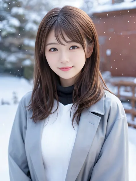 realistic pictures (1 Cute Japanese gravure idol) shoulder length hair, light makeup, big breasts, wearing a coat, in the snow, ...
