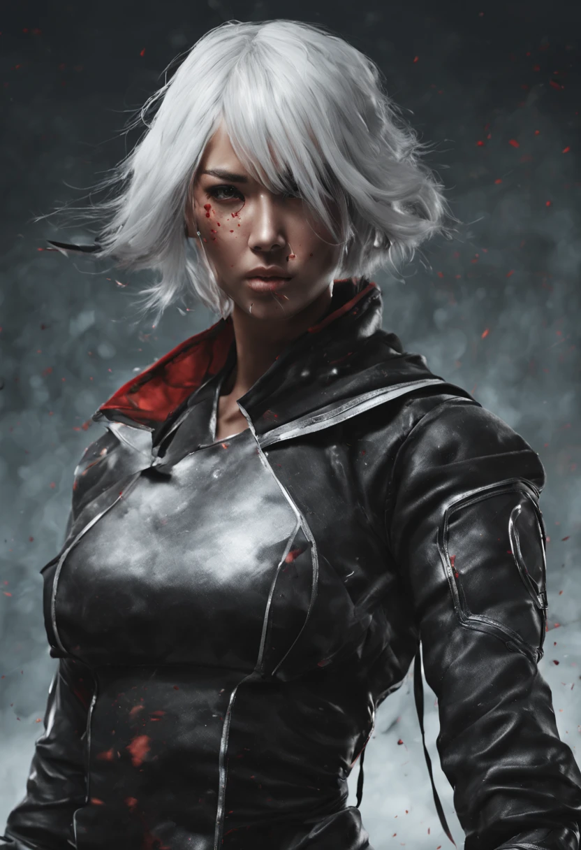 Fighting girl, epic, with particles, HD, 8k, white hair, with black cape, line marks on the face, serious face, closed mouth, casual pose, hands in Bruce Lee position, tactical pants, black hood, black lines under eyes, black polar diver, eyes with marked rings, detailed face, blood on the lips, full body,