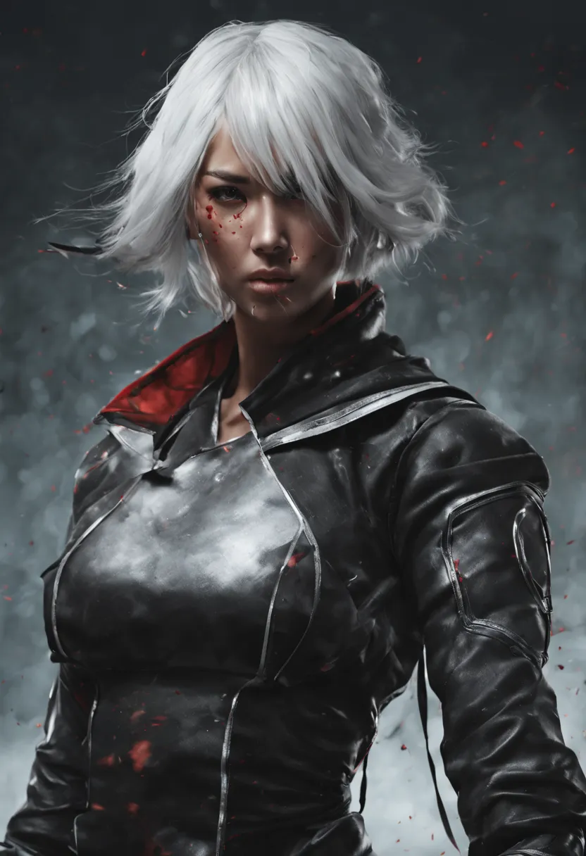 Fighting girl, epic, with particles, HD, 8k, white hair, with black cape, line marks on the face, serious face, closed mouth, ca...