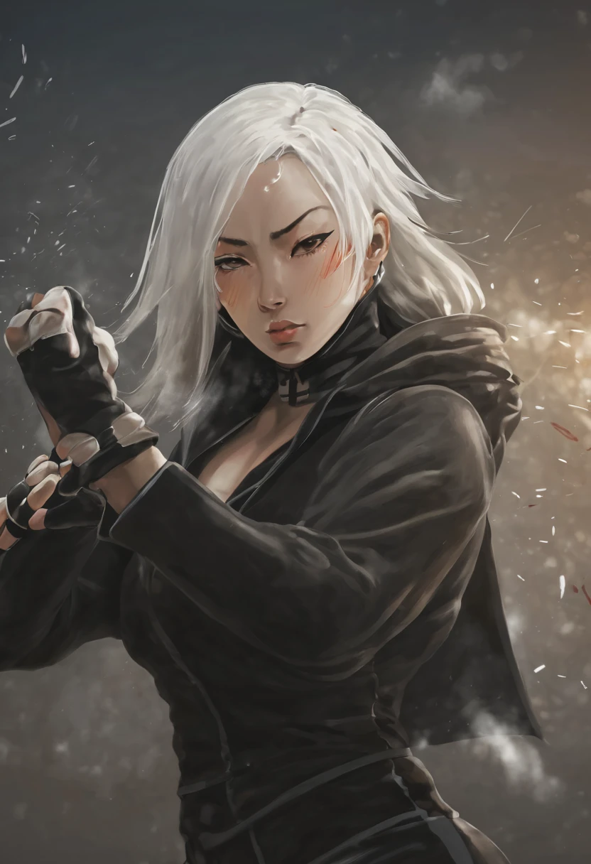 Fighting girl, epic, with particles, HD, 8k, white hair, with black cape, line marks on the face, serious face, closed mouth, casual pose, hands in Bruce Lee position, tactical pants, black hood, black lines under eyes, black polar diver, eyes with marked rings, detailed face, blood on the lips, full body,