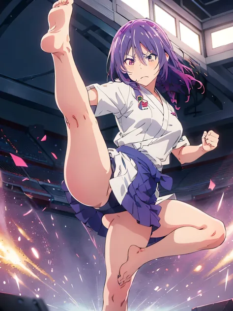 high resolution, 1 girl, Green leaf teak, Wearing a karate uniform, high kick, stand on one leg, barefoot, Foot arch, The sole faces the observer, fighting stance, angry, frown, looking at the audience, full-body shot