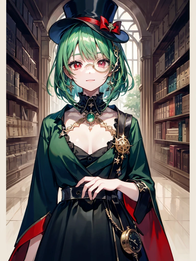 （（（masterpiece、Highest image quality、highest quality、highly detailed unity 8ｋwallpaper）））、（（Illustration of one girl、upper body））、（（（beautiful girl）））、（librarian）、（Emerald green hair、messy hair、sidelocks：1.2、red eyes、crazy smile）、（（（flat chest）））、（（（monocle）））、pocket watch、（（（Black top hat、Black tuxedo、belt）））、great medieval library、Large amount of books