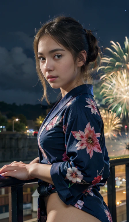 ((obra maestra, calidad superior, súper definición, alta definición)), solo, hermosa chica, Ojos brillantes, ojos perfectos, 16 años de edad, tema azul, yukata, fuegos artificiales