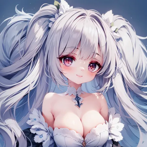 1girl, breasts, rating:safe, solo, cleavage, large_breasts, long_hair, sparkle, dress, red_eyes, bangs, closed_mouth, blush, looking_at_viewer, eyebrows_visible_through_hair, smile, bare_shoulders, petals, twintails, sidelocks, jewelry, long_sleeves, silve...