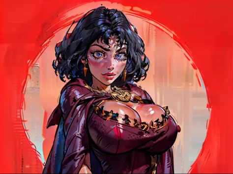((masterpiece)),(((best quality))), ((black hair)), ((mother Gothel)), rapunzel villian, Disney, (long red dress), (red cape:1.5), (gigantic breasts), ((detailed face:1.1)), clean line art, detailed rendering , red and black color palette, clean colored de...
