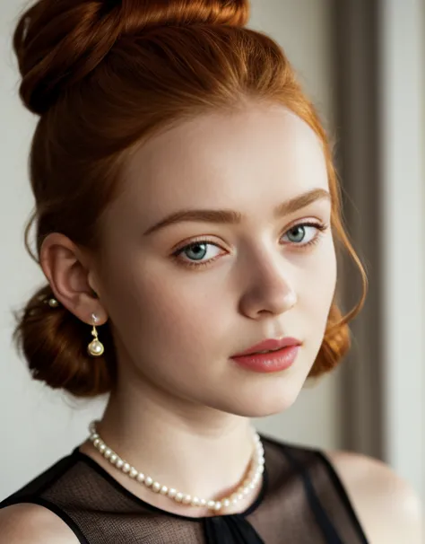 full-length shot of Sadie Sink, in lingerie, stockings, turning sideways, red ginger matted hair tied up in a bun, wearing pearl...