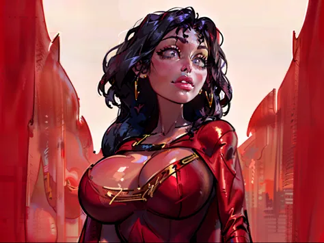 ((masterpiece)),(((best quality))), ((black hair)), ((mother Gothel)), rapunzel villian, Disney, (long red dress), (red cape:1.5), (gigantic breasts), ((detailed face:1.1)), ((clean line art)), ((perfect rendering)), red and black color palette, clean colo...