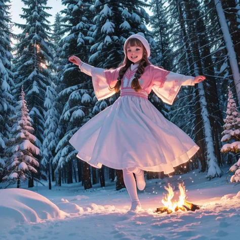 Snow Maiden girl, in a wide forest clearing, jumping over the fire, the tops of the fir trees are illuminated by the pink sunset...