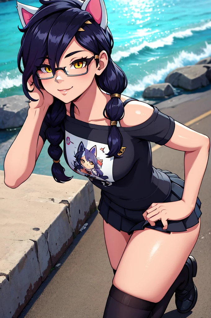 Erisa, 1girl, solo, long hair, looking at viewer, black hair, bandaid on face, yellow eyes, animal ears, smile, bandaid on nose, braid, cat ears, bandaid, bangs, breasts, fake animal ears, simple background, fang, bare shoulders, scar, bare shoulders, short sleeves, closed mouth, t-shirt, hair over one eye, portrait, hair over shoulder, skin tight shirt, legs, glasses, school wear, outfit, short skirt, ocean view, seductive, realistic, detailed eyes, best quality, masterpiece, ultra detail, ultra high res, extreme detail, 8k, uhd