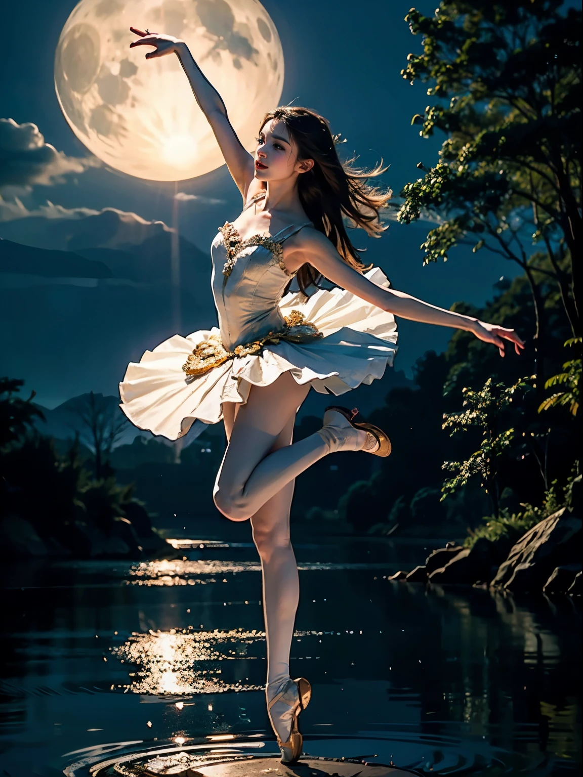 fantasy, high quality, 8K, realistic,photo realistic,RAW photo,photography,High resolution, ultra-definition, highest quality,Dramatic lighting, glitter effect, from below, midnight, moonlight, ballet、Swan Lake、ballet swan lake、Lake in the deep forest、full body、break, A prima donna girl gracefully dances ballet in the moonlight on a mysterious lake.、big long horizontal jump、Jump with your legs wide apart、、1 girl、((luxurious and delicate white tutu)),semi-long hair,black hair,black eyes、beautiful feet、Ballet Pointe Shoes, Peeking from below、Straddling the camera、