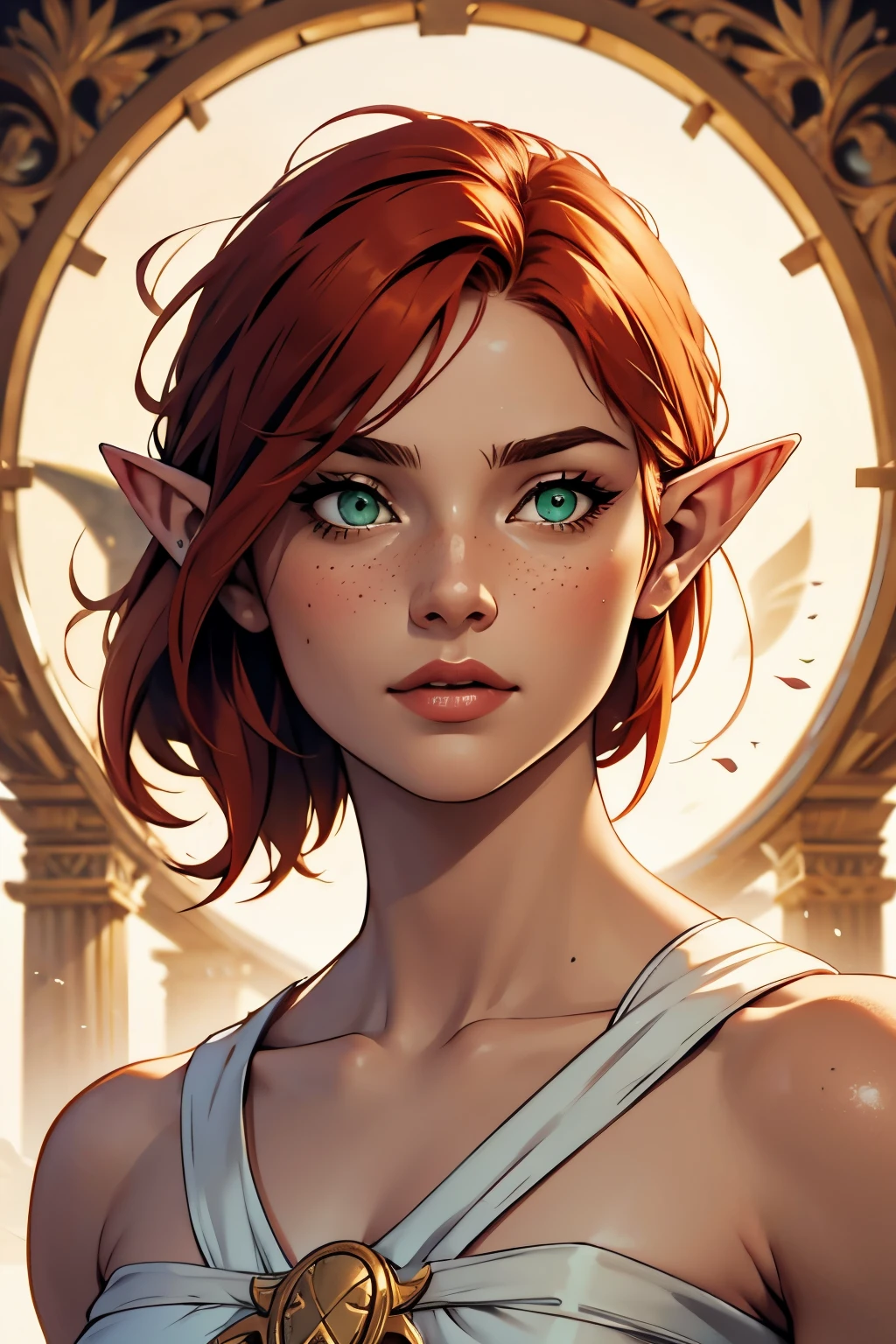 redhead elf woman, green eyes, freckless, athletic muscle figure, ancient greek, Iliad goplit hero, white tunic and sandals, detailed portrait dnd style monk