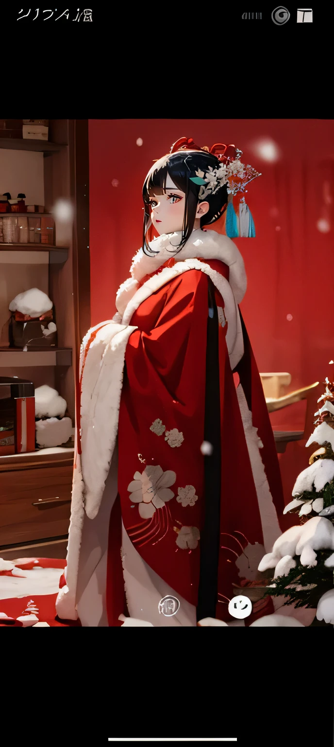 Anime Mulheres，usando um cobertor vermelho，Dia de neve，neve pesada，Trajes chineses