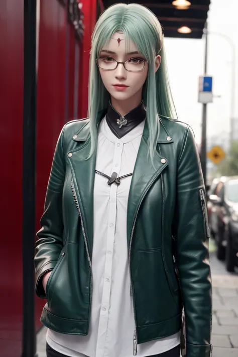 1girl, glasses, long green hair, red eyes, leather clothes, hand in pocket