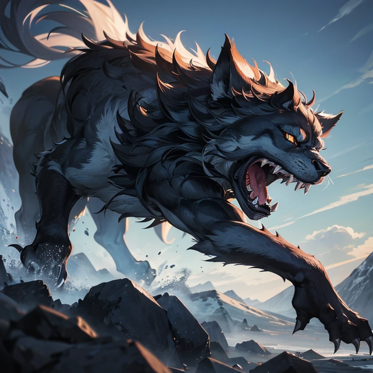 Unorganized resolution, High resolution, (masterpiece: 1.4),  Fenrir from Norse mythology is roaring，It is depicted with silver fur and sharp eyes and a roar.