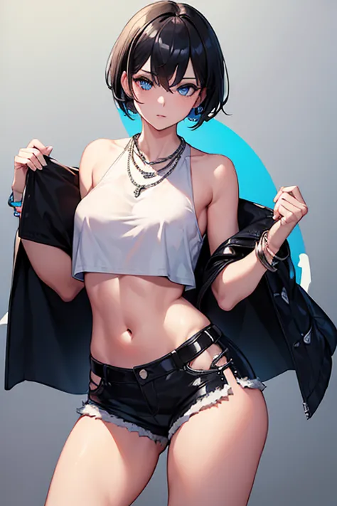 ((((masterpiece)))), high quality, very_high_resolution, large_filesize, full color, short shorts, , blue eyes, black hair, crop...