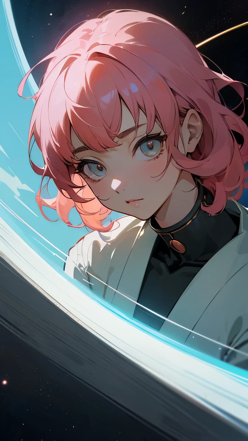 Anime girl with pink hair and blue eyes looking at the camera - SeaArt AI