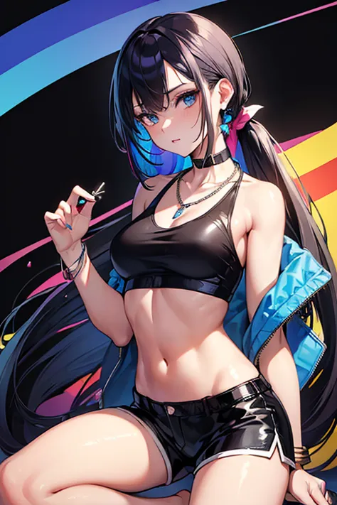 ((((masterpiece)))), high quality, very_high_resolution, large_filesize, full color, short shorts, , blue eyes, black hair, crop...