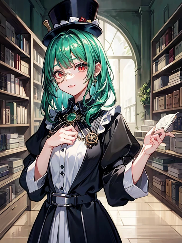 （（（masterpiece、Highest image quality、highest quality、highly detailed unity 8ｋwallpaper）））、（（Illustration of one girl、upper body））、（（（beautiful girl）））、（librarian）、（Emerald green hair、messy hair、sidelocks：1.2、red eyes、crazy smile）、（（（flat chest）））、（（（monocle）））、pocket watch、（（（Black top hat、Black tuxedo、belt）））、great medieval library、Large amount of books