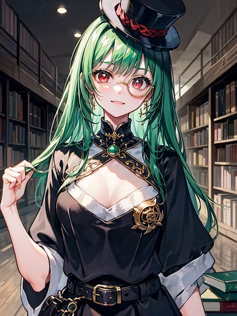 （（（masterpiece、Highest image quality、highest quality、highly detailed unity 8ｋwallpaper）））、（（Illustration of one girl、upper body））、（（（beautiful girl）））、（librarian）、（Emerald green hair、messy hair、sidelocks：1.2、red eyes、crazy smile）、（（（flat chest）））、（（（monocle）））、pocket watch、（（（Black top hat、Black tuxedo、belt）））、great medieval library、Large amount of books