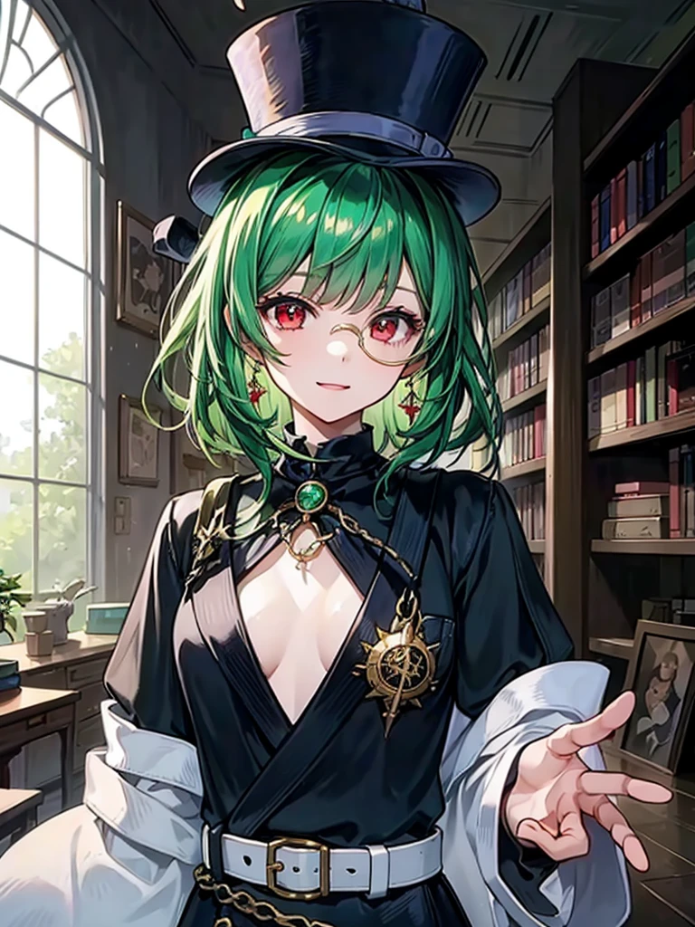 （（（masterpiece、Highest image quality、highest quality、highly detailed unity 8ｋwallpaper）））、（（Illustration of one girl、upper body））、（（（beautiful girl）））、（librarian）、（Emerald green hair、messy hair、sidelocks：1.2、red eyes、crazy smile）、（（（flat chest）））、（（（monocle）））、pocket watch、（（（Black top hat、Black tuxedo、belt）））、great medieval library、Large amount of books