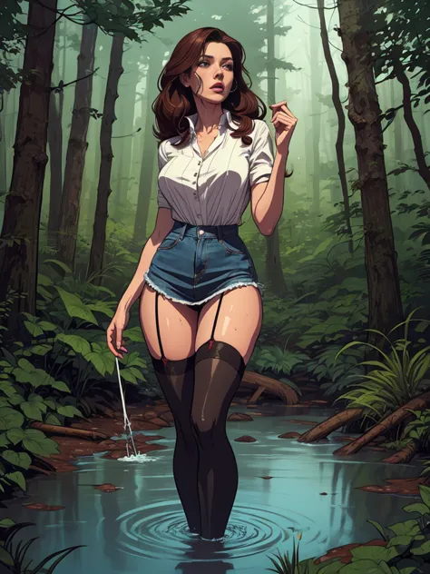 70s style illustration,tortured by lust shy mature female drowning in forest bog,denim skirt,blouse,stockings with garters,indul...