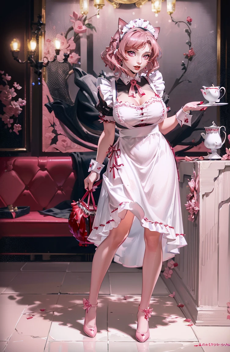 red lips,mature milf,(best quality,4k,highres,masterpiece:1.2),ultra-detailed,(maid dress:1.5),cat ears,cat girl,perfect face,full body,lewd face,lewd eyes,(pink eyes:1.4),cute,adorable,expressive eyes