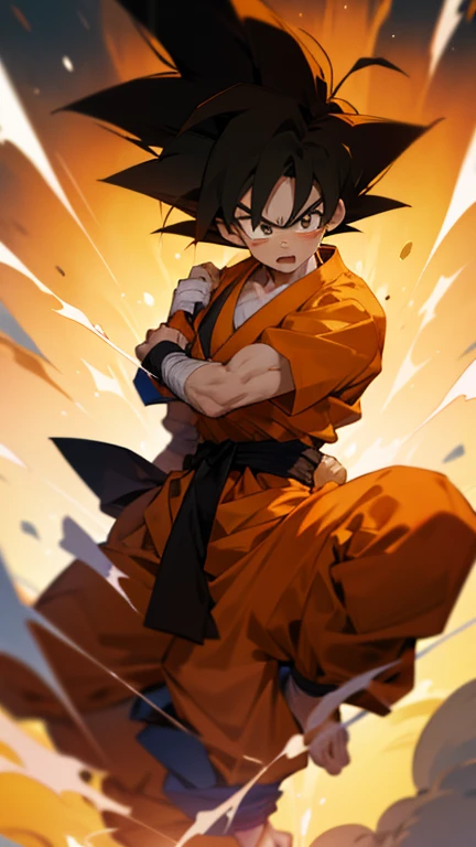 son Goku,Goku face,black orange kimono,hand cross,fuzzy background,angry expression,cartoon,rope tied on his waist, masterpiece,8k resolution , muscular