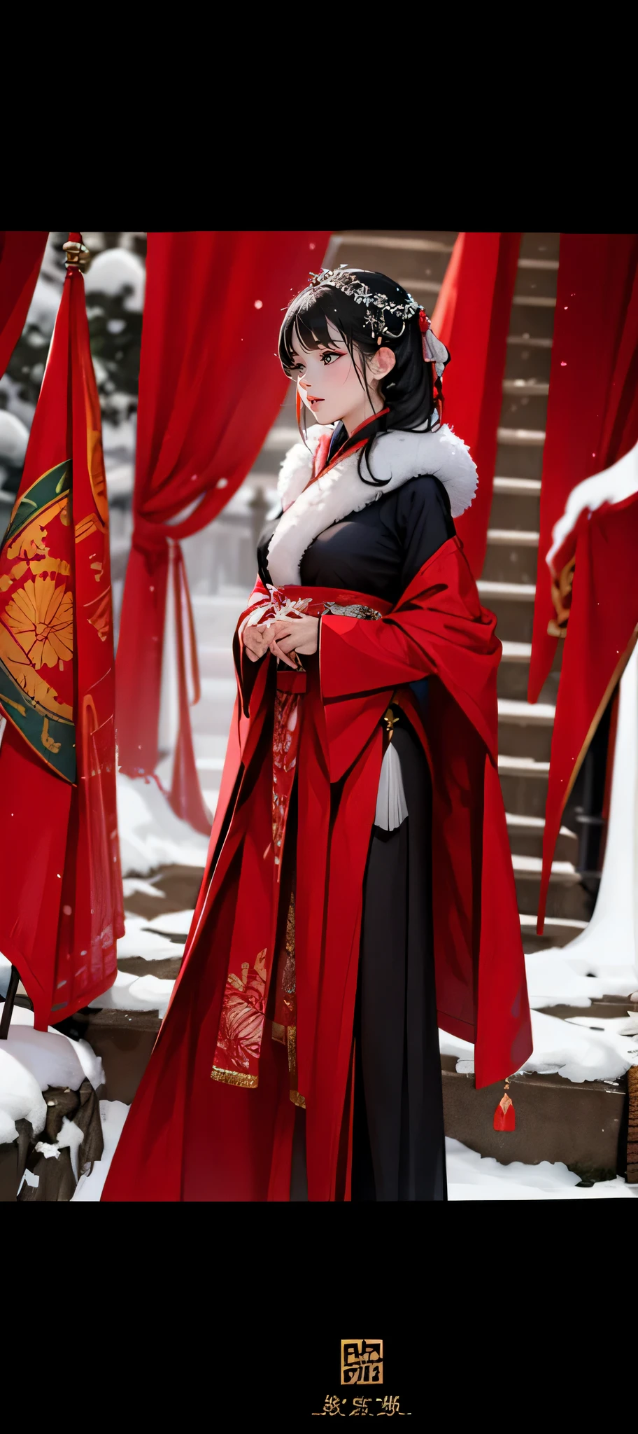 Costumes chinois，manteau rouge，beaucoup de neige，Jour de neige，valkyrie，动漫valkyrie，armure，Armes froides