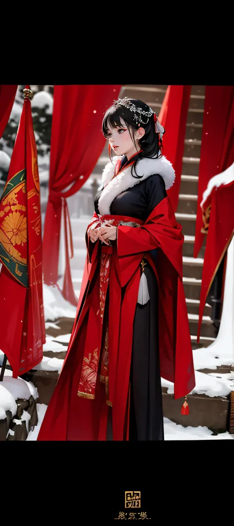 Chinese costumes，red cloak，heavy snow，Snowing day，Valkyrie，动漫Valkyrie，armor，Cold weapons
