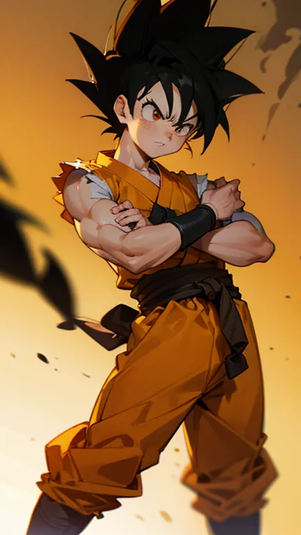 son goku,goku face,black orange kimono,hand cross,fuzzy background,angry expression,cartoon,rope tied on his waist, masterpiece,...