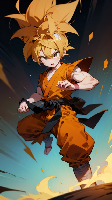 son Goku,Goku face,black orange kimono,hand cross,fuzzy background,angry expression,cartoon,rope tied on his waist, masterpiece,8k resolution , muscular