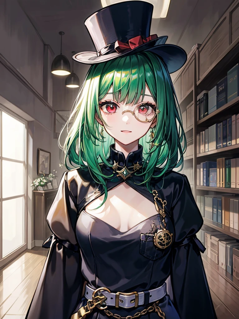 （（（masterpiece、Highest image quality、highest quality、highly detailed unity 8ｋwallpaper）））、（（Illustration of one girl、upper body））、（（（beautiful girl）））、（librarian）、（Emerald green hair、messy hair、sidelocks：1.2、red eyes、crazy smile）、（（（flat chest）））、（（（monocle）））、pocket watch、（（（Black top hat、Black tuxedo、belt）））、great medieval library、Large amount of books