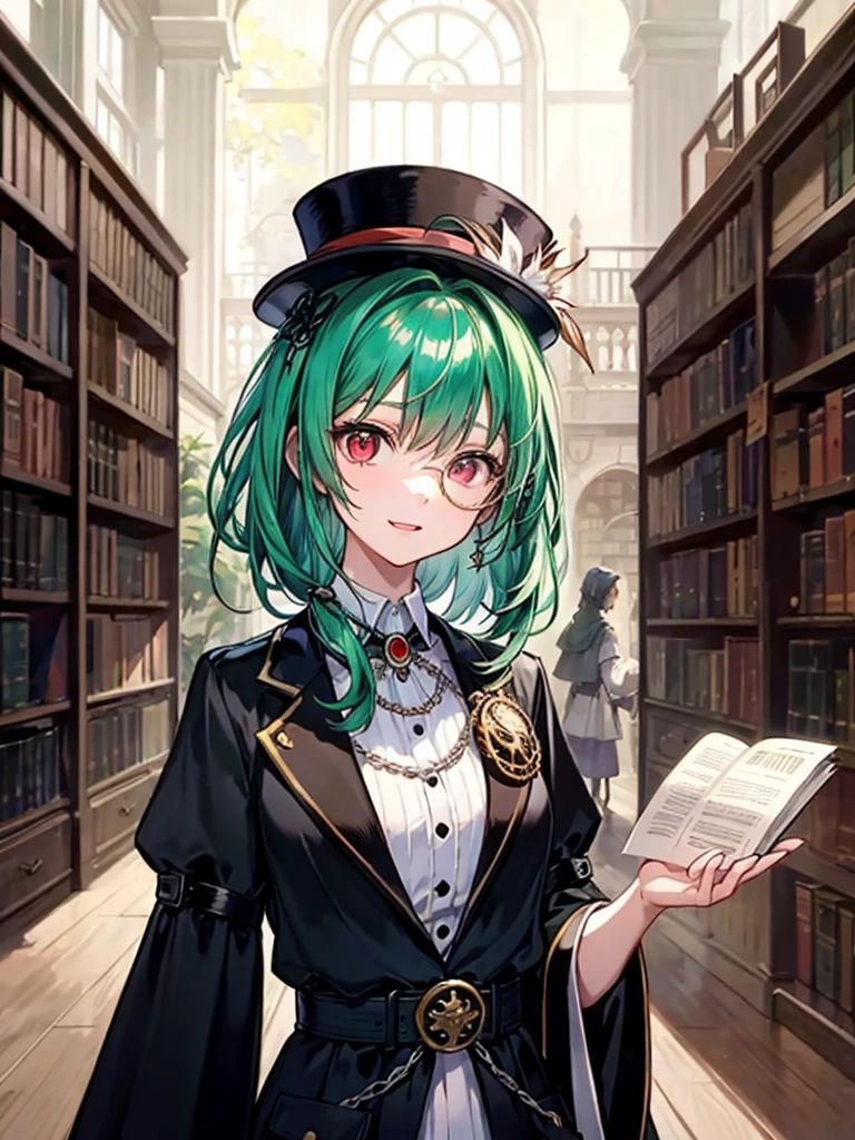 （（（masterpiece、Highest image quality、highest quality、highly detailed unity 8ｋwallpaper）））、（（Illustration of one girl、upper body））、（（（beautiful girl）））、（librarian）、（Emerald green hair、messy hair、sidelocks：1.2、red eyes、crazy smile）、（（（flat chest）））、（（（monocle）））、pocket watch、（（（Black top hat、Black tuxedo、belt）））、great medieval library、Large amount of books