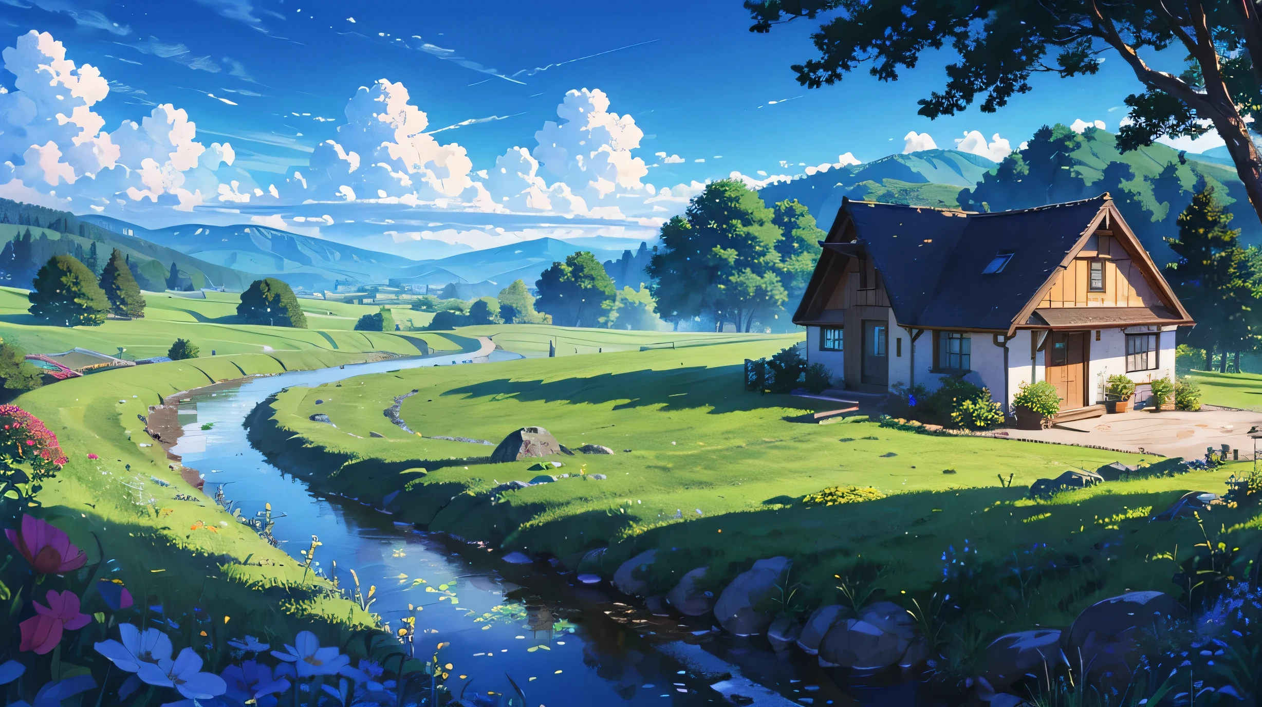 alta resolução,alta resolução,alta qualidade,paisagem,realista,céu azul,pequena colina,casa privada