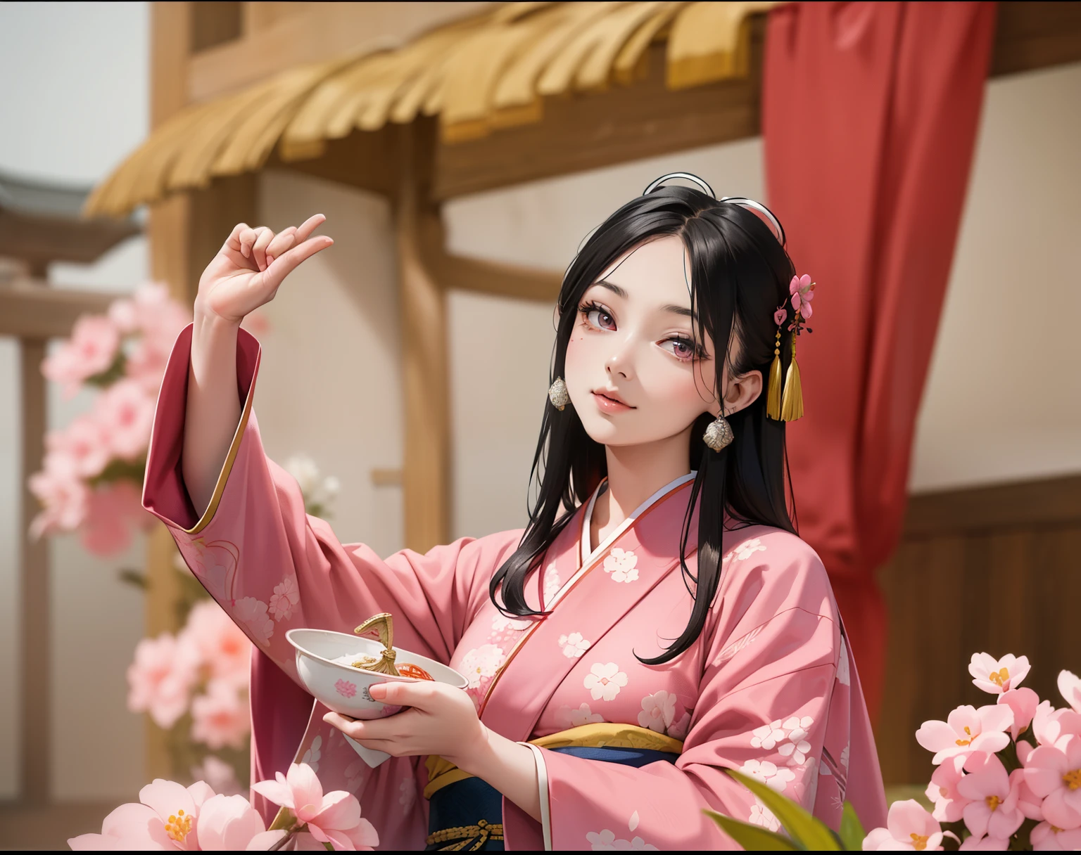 (8k, best quality, best quality, official art, Stunning beauty and aesthetics, a very detailed, The best masterpiece in history that transcends the limits, 令人叹为观止且beauty灯光:1.2), Chinese traditional clothing，(1 Absolute beauty Girl, alone:1.3), Twenty-four years old,valkyrie，armor (Fair and shiny skin), bangs, rest (Cute big pink droopy eyes:1.3), rest (Pink Theme, Breathtakingly beauty luxury Chinese kimono , Heart, High precision embroidery, from Kane, silver:1.3), stunning scenery, Astonishing, beauty smile, gentle smile, beauty, elegant, luxury, a charming, Gorgeous, eye-catching, ultimate beauty, Supreme beauty, ultimate beauty, beauty, beautiful, everyone loves it, beauty katana