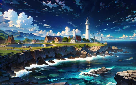 High resolution,High resolution,high quality,landscape,realistic,blue sky,lighthouse，cape