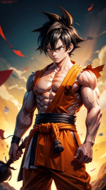 son Goku,Goku face,black orange kimono,hand cross,fuzzy background,angry expression,cartoon,rope tied on his waist, masterpiece,8k resolution , muscular