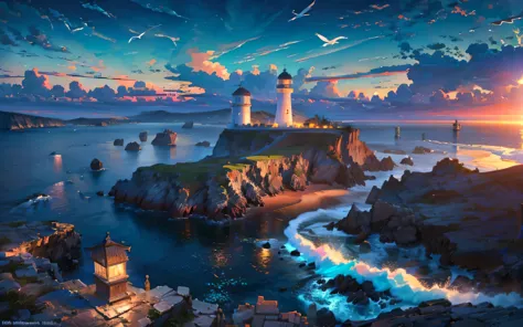 High resolution,High resolution,high quality,landscape,realistic,blue sky,lighthouse，cape，white bird