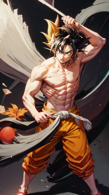 son goku,goku face,black orange kimono,hand cross,fuzzy background,angry expression,cartoon,rope tied on his waist, masterpiece,...