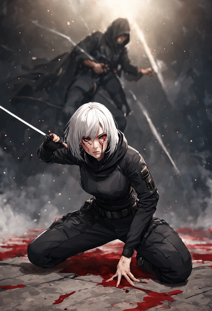 Fighting girl, epic, with particles, HD, 8k, white hair, with black cape, line marks on the face, serious face, closed mouth, casual pose, hands in Bruce Lee position, tactical pants, black hood, black lines under eyes, black polar diver, eyes with marked rings, detailed face, blood on the lips, full body,