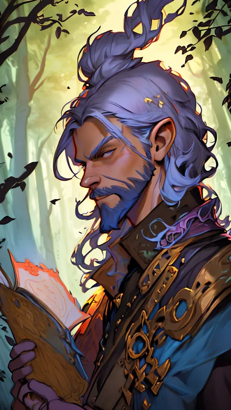 a man with a long beard holding a book and a rose, old male archmage, fantasy mage, male wizard, portrait of a mage, portrait of...