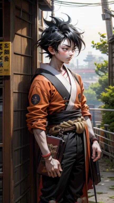 son Goku,Goku face,black orange kimono,hand cross,fuzzy background,angry expression,cartoon,rope tied on his waist, masterpiece,8k resolution , muscular