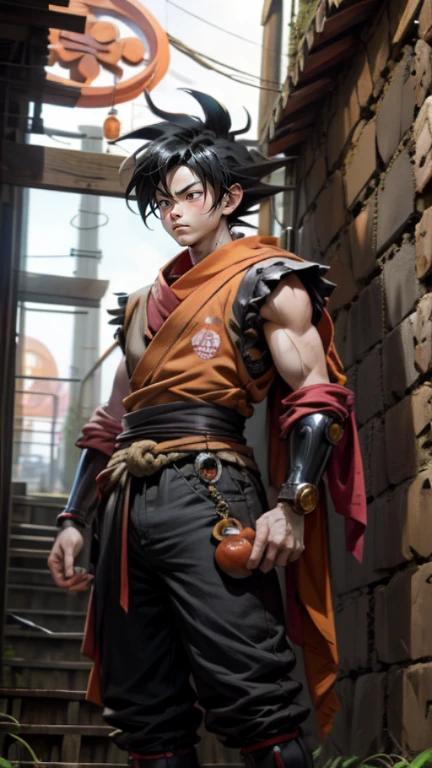 son Goku,Goku face,black orange kimono,hand cross,fuzzy background,angry expression,cartoon,rope tied on his waist, masterpiece,8k resolution , muscular