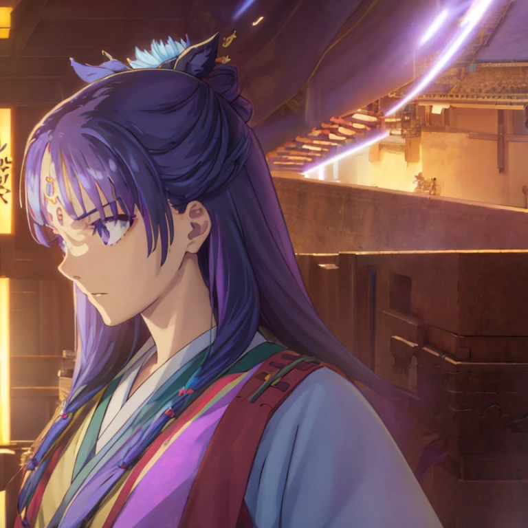 ((8K，16k, masterpiece: 1.3)), (highest quality:1.4), High resolution,girl, light purple hair, purple eyes, hair ornaments, (Japan priestess uniform), , The background is a shrine, Cat,full body description，ultra wide angle, Cinematic composition，Originality，Depth of bounds written:1.2，Unconventional angle ，sense of presence，trending ，dynamic angle,fantastic elements