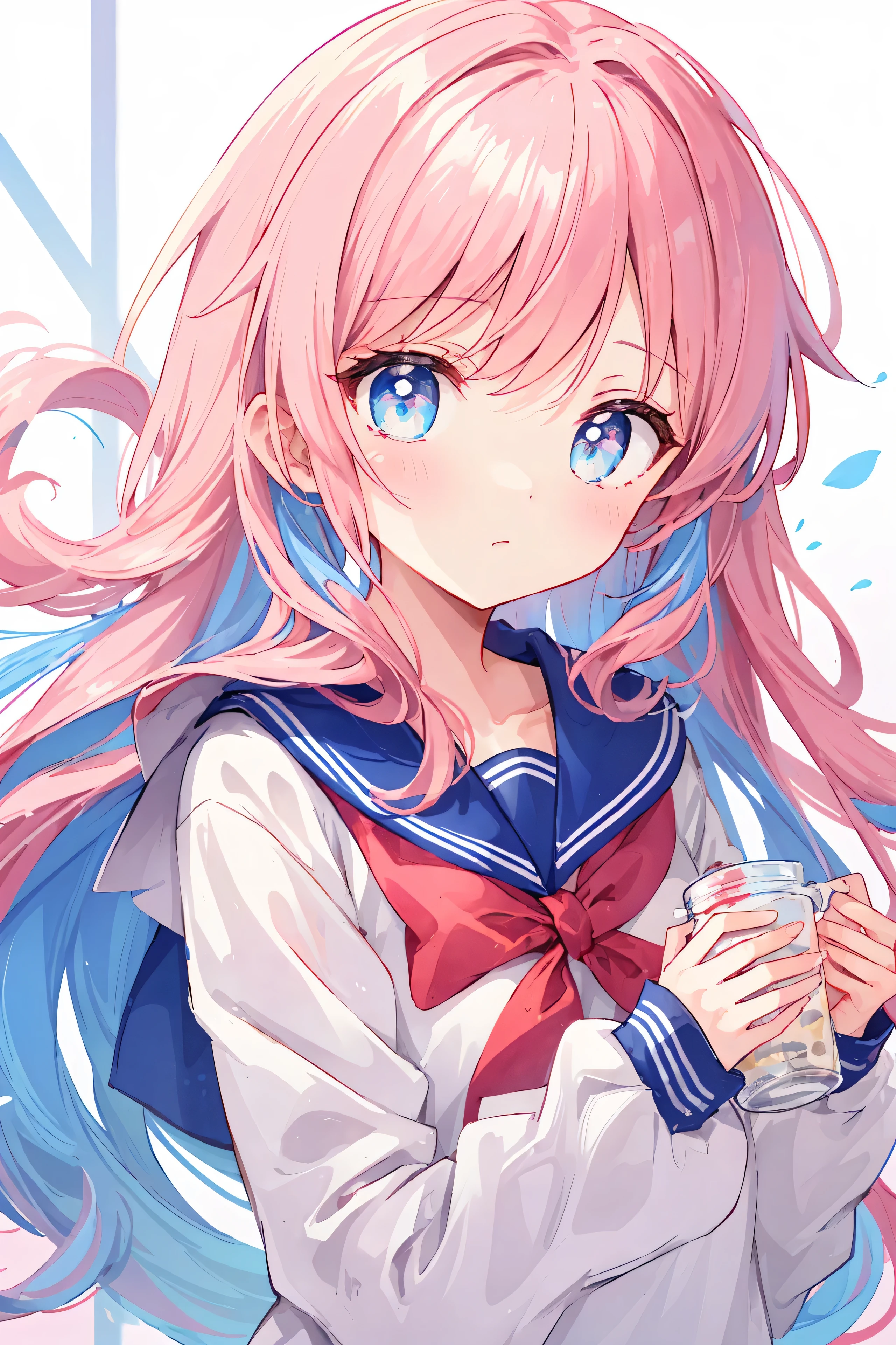 Anime girl with pink hair and blue eyes holding a cup - SeaArt AI