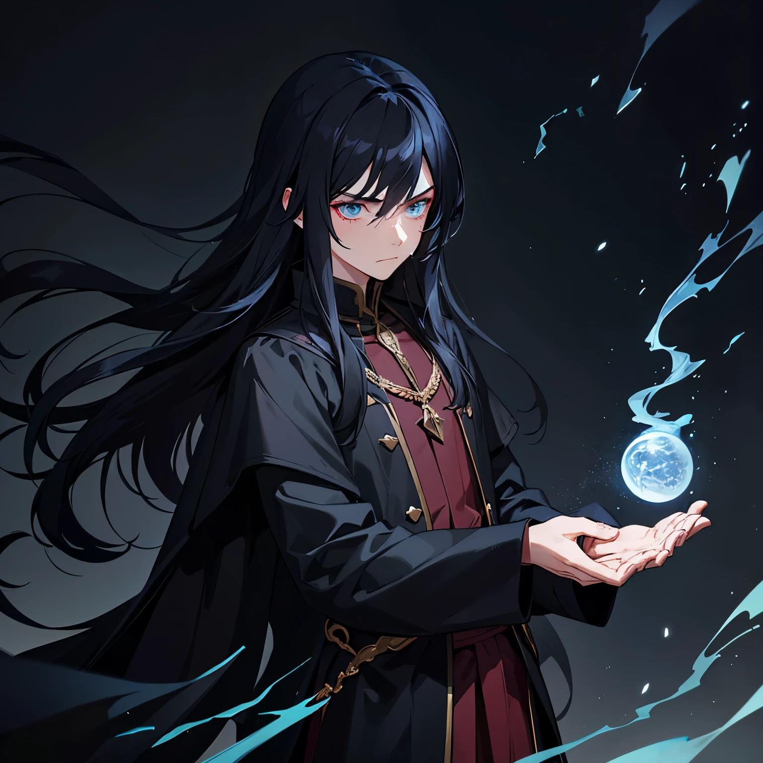 Long black hair, magic, sorcerer, handsome boy, , , brutal, overall otherworldly style, noble, melancholy, unhappy constitution, insensitive protagonist