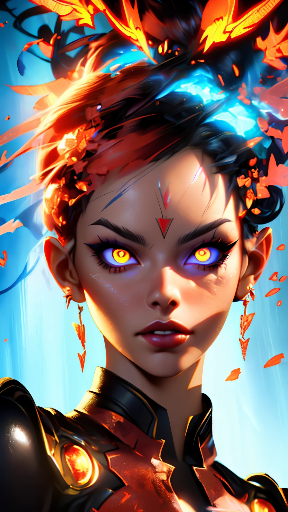 a close up of a woman with yellow eyes and a red lipstick, artgerm ; 3d unreal engine, ig model | artgerm, with glowing red eyes, glowing ember eyes, with glowing yellow eyes, rossdraws portrait, artgerm. high detail, rossdraws 1. 0, :: rossdraws, rossdraws digital painting